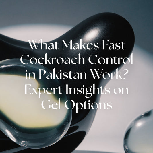 Title text overlaying abstract dark and glossy shapes: "What Makes Fast Cockroach Control in Pakistan Work? Expert Insights on Gel Options"